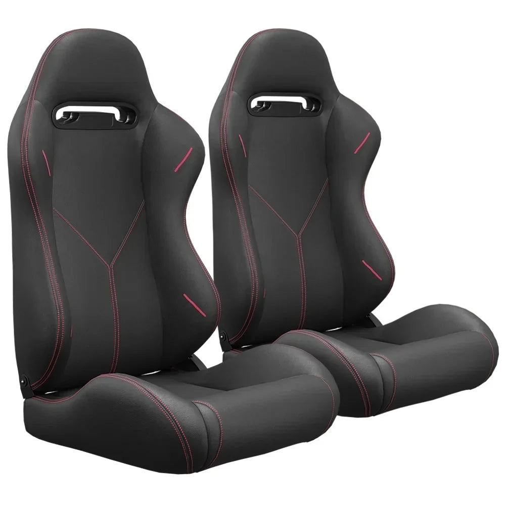 2PC Universal Reclinable Bucket Racing Seats With Adjustor Slider - Red PVC Leather