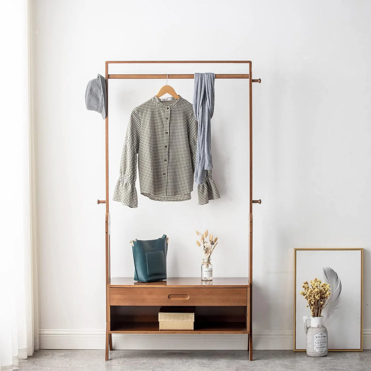 WILK Freestanding Wooden Coat Rack, Bamboo Wood Coat Rack with Seat, Storage Drawer and Hooks, Tree Freestanding for Hanging