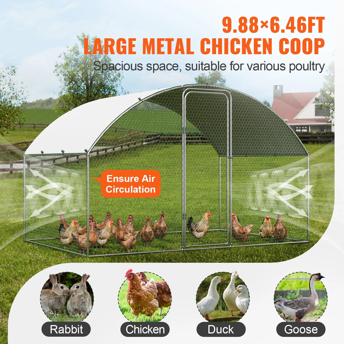 KFFKFF Metal Chicken Coop 9.8 x 6.5 x 6.5 ft Dome Roof Poultry Cage Chicken Run with Waterproof Cover Large Outdoor Walk in C