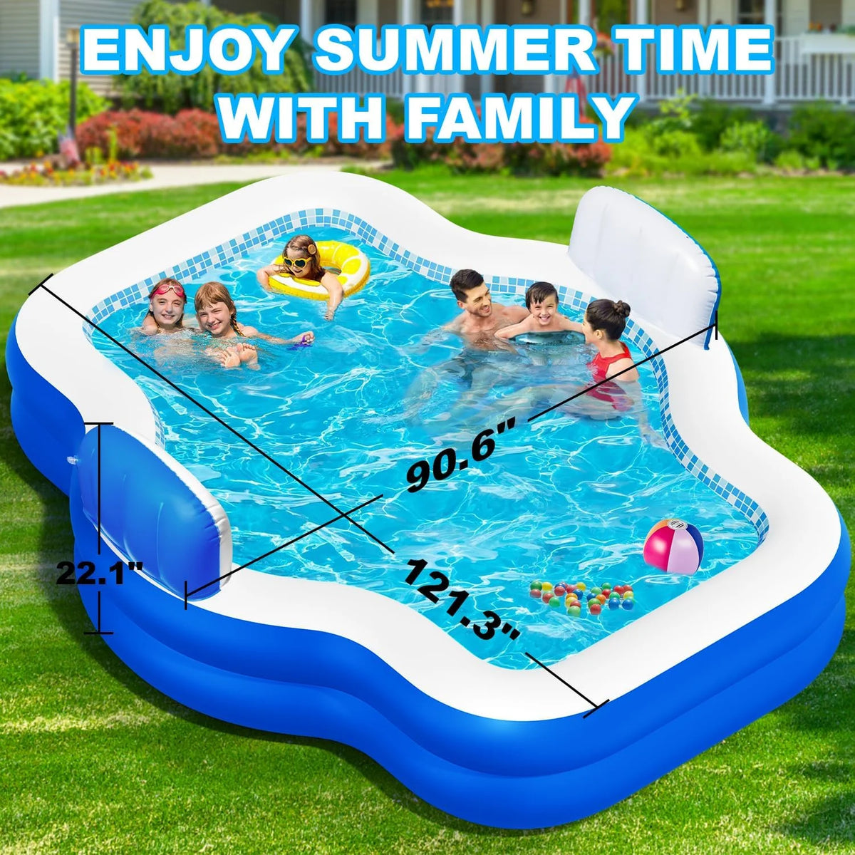Large Inflatable Swimming Pool for Kids Adults, 121" X 90" X 22" Oversized Thickened Kiddie Pools Family Blow-Up Pool with Pu