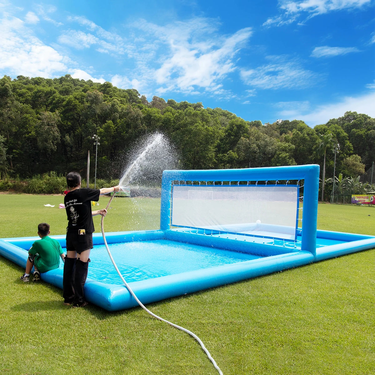 Relunch 33FT Inflatable Volleyball Court, 2 in 1 Volleyball Pool Football Court Water Soccer Field with 800W Blower for Beach