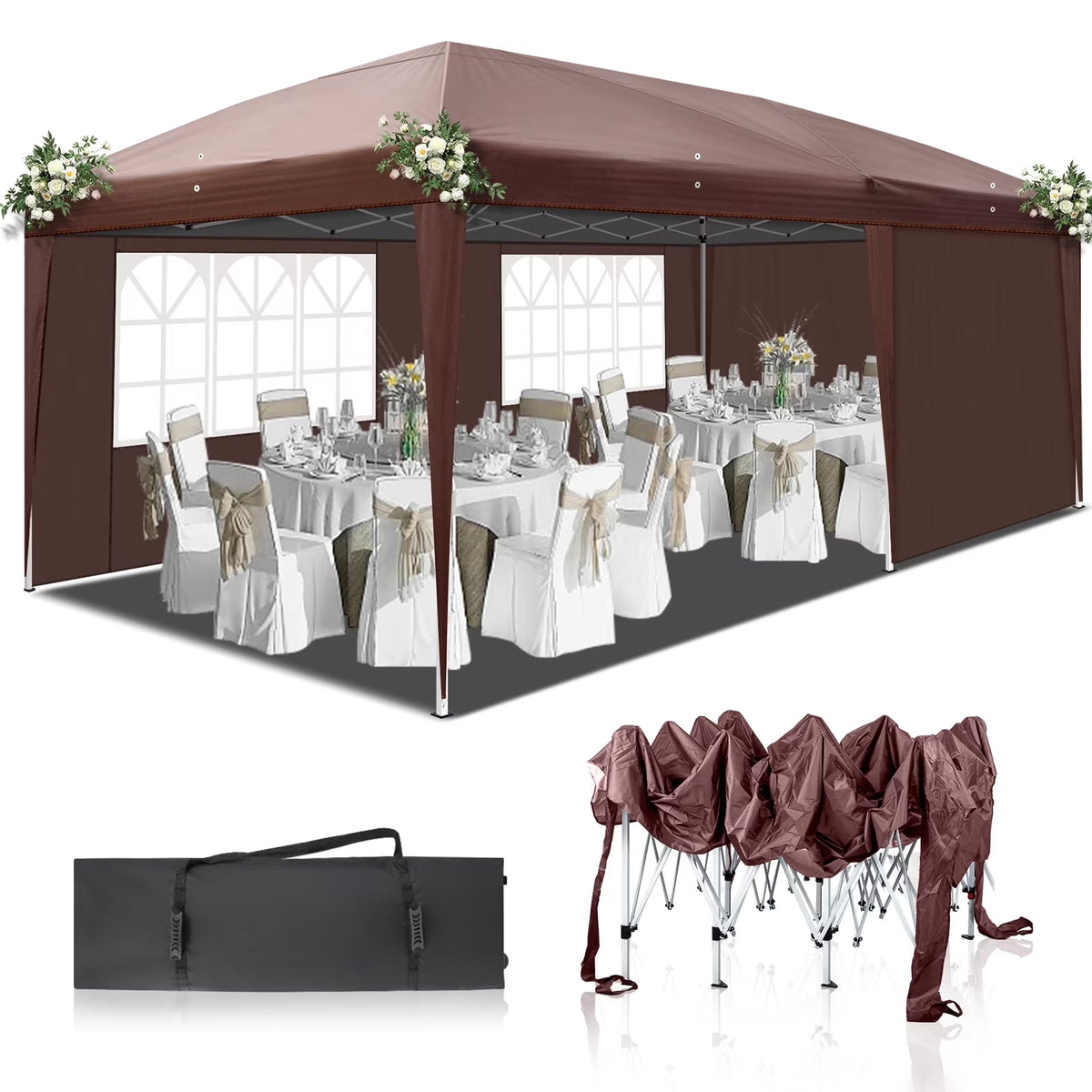 6m x 3m (20ft x 10ft) Dark Brown Waterproof Instant Pop Up Tent Portable Folding Shelter with 2 Windows, UV Protection, Heavy