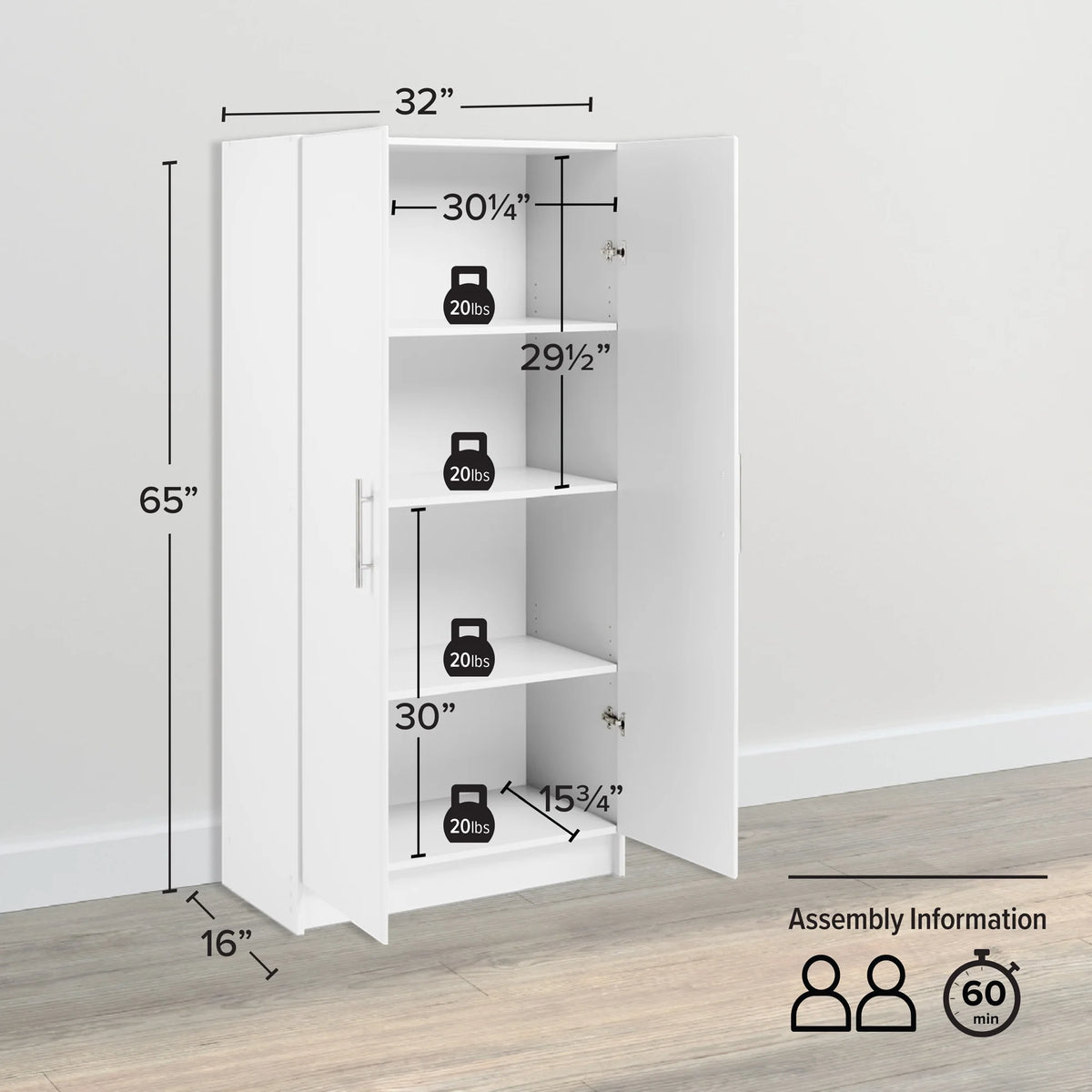 Prepac Adjustable Shelves Cabinet - Functional Tall Garage Table, 16"D x 32"W x 65"H Freestanding Garage Cabinet with 2-Doors
