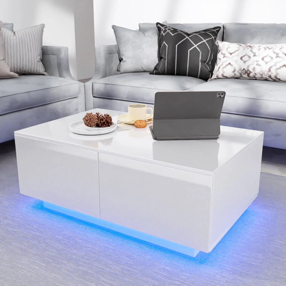 Hommpa Rectangular Coffee Table with LED Lights Tea Tables with 4 Drawers High Gloss Modern Living Room Furniture White Finis