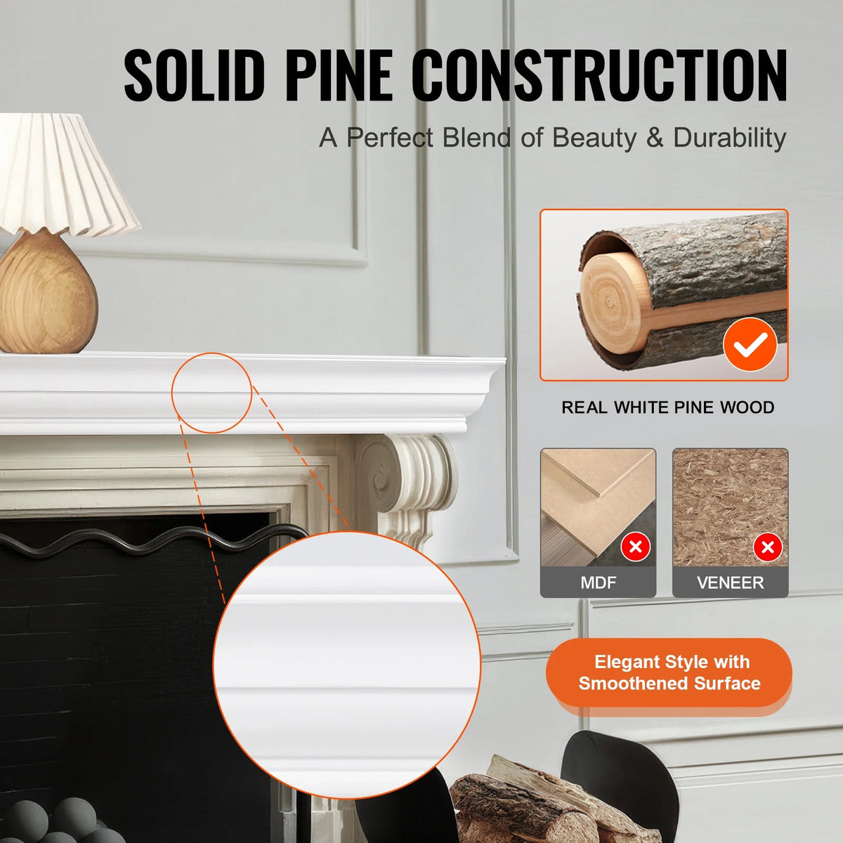 VEVOR Fireplace Mantel, 72" x 8" x 5", 50 lbs Weight Capacity, Natural Wood Mantel for Over Fireplace, Wall Mounted Floating