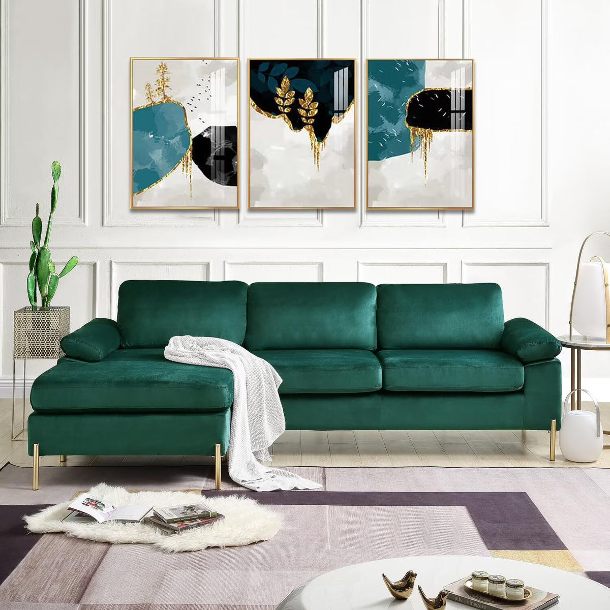 HomeStock Luxe Modern Velvet L-Shape Sectional Sofa with Square Padded Armrests, Solid Pattern Upholstery - 51.6"D x 101.2"W