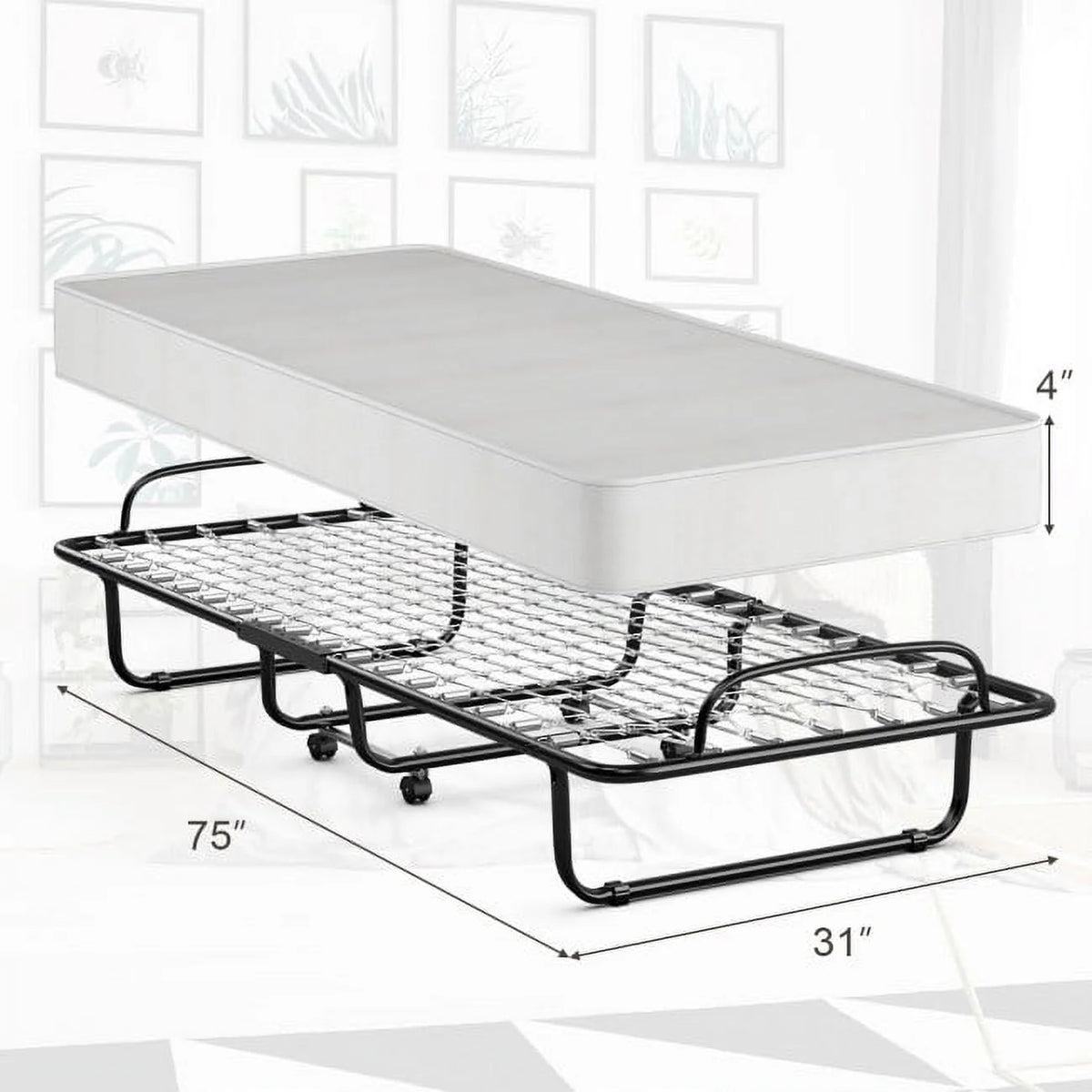 75" x 31" x 13" Folding Bed with Mattress, Rollaway Bed Metal Frame on Wheels, Portable Foldable Guest Bed for Adults, Cot Si