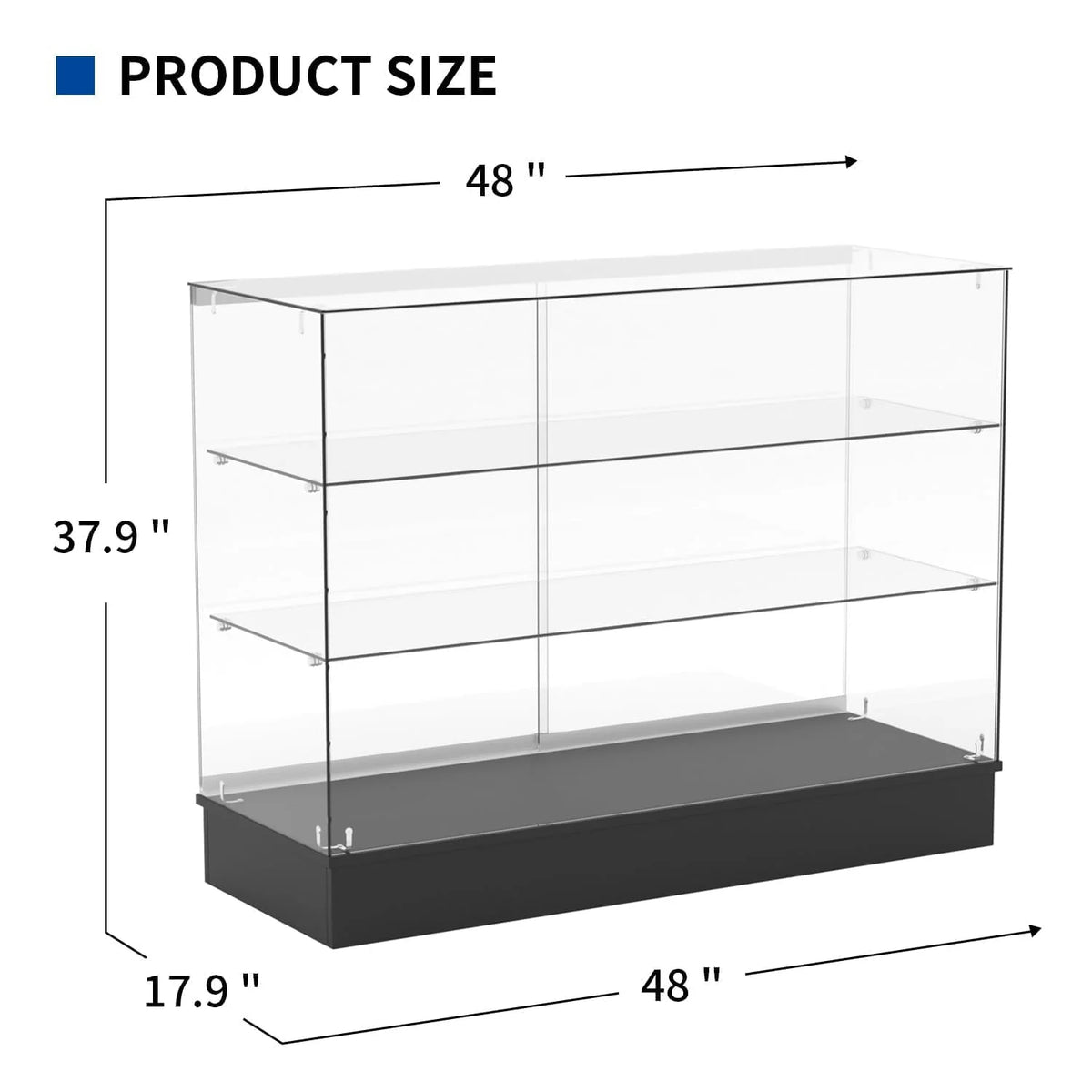 48" W x 18" D x 38" H - White Full Vision Retail Display Case, Tempered Glass Display Cabinet with Glass Shelves and Lock, St