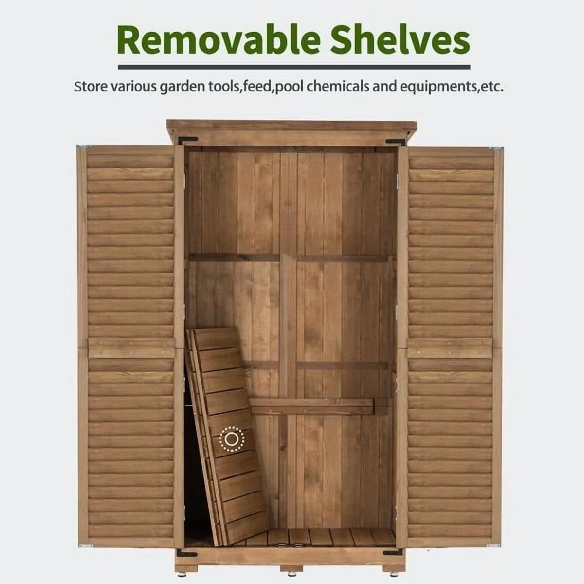 Mcombo 63 inch Tall Outdoor Storage Tool Cabinet Shed with Lock for Yard (34.3" L x 18.3" W x 63" H), Wooden 0870 - N/A Natur
