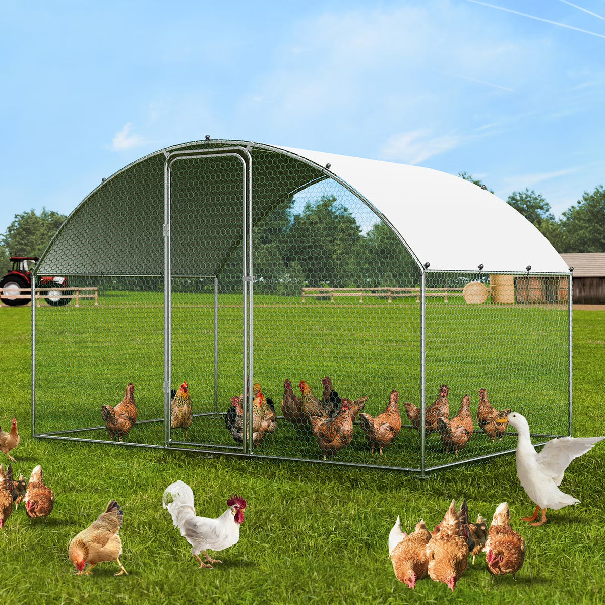 KFFKFF Metal Chicken Coop 9.8 x 6.5 x 6.5 ft Dome Roof Poultry Cage Chicken Run with Waterproof Cover Large Outdoor Walk in C