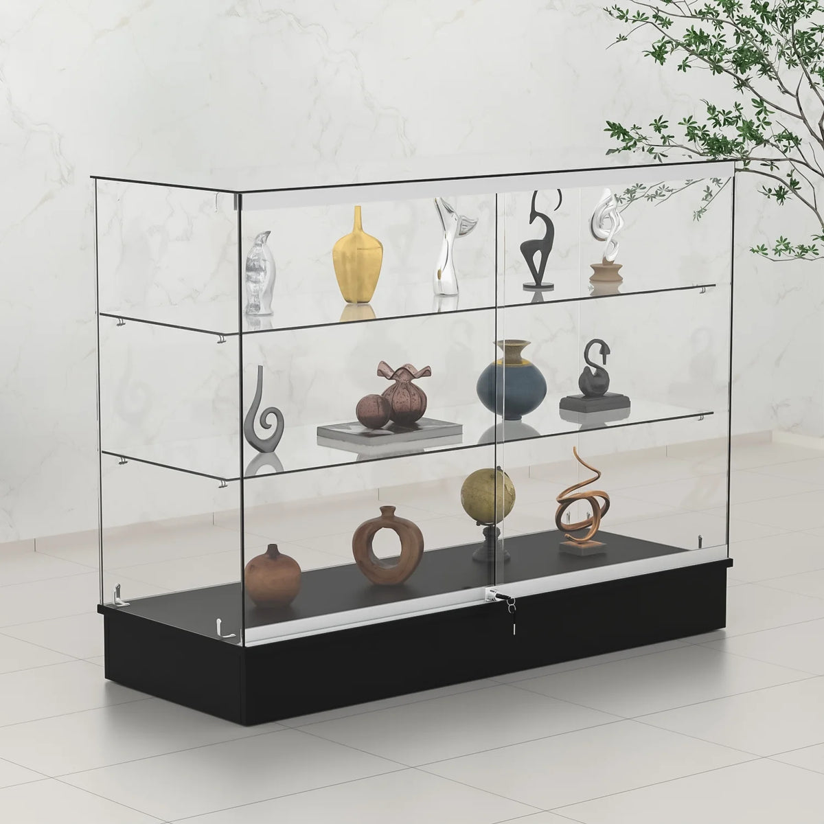 48" W x 18" D x 38" H - White Full Vision Retail Display Case, Tempered Glass Display Cabinet with Glass Shelves and Lock, St