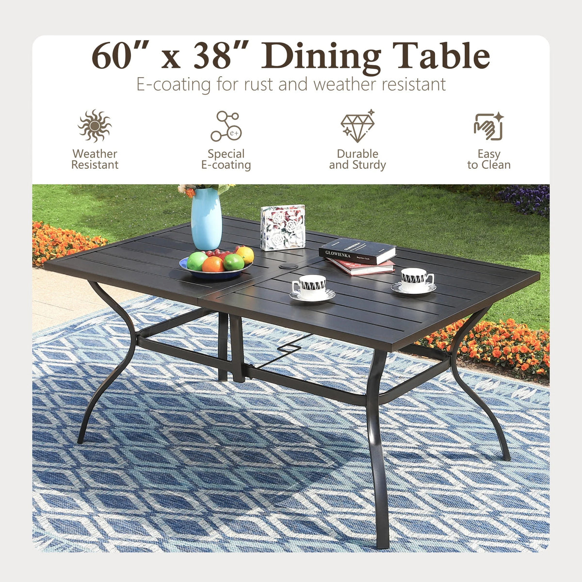 Sophia & William 60" x 38" Outdoor Metal Rectangular Dining Table for 6, Black