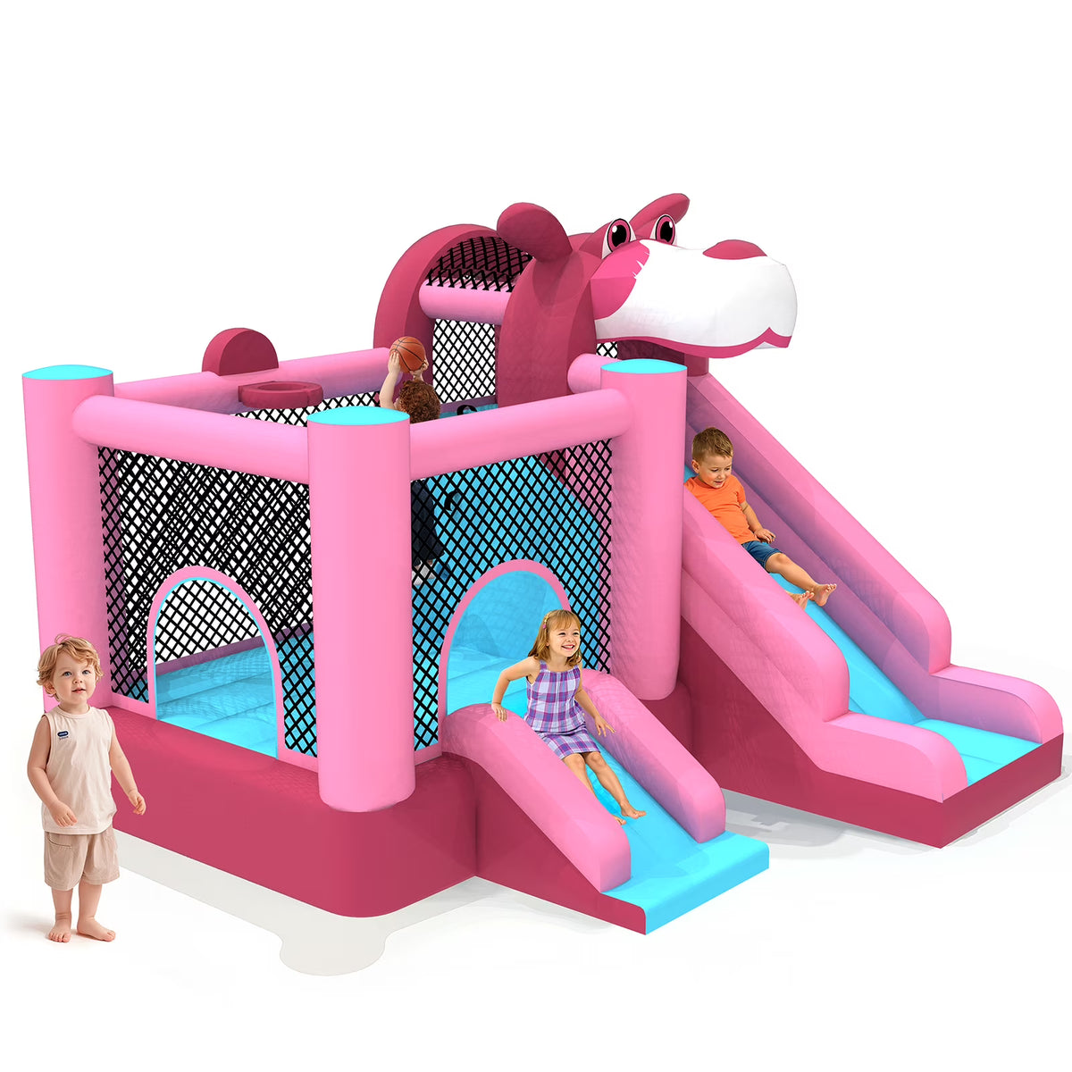 Mukidy 114''x 114'' x 92.5'' Inflatable Bounce Houses for Kids 3-10 with Blower Double Slide and Ball Pit/Indoor Bouncy House