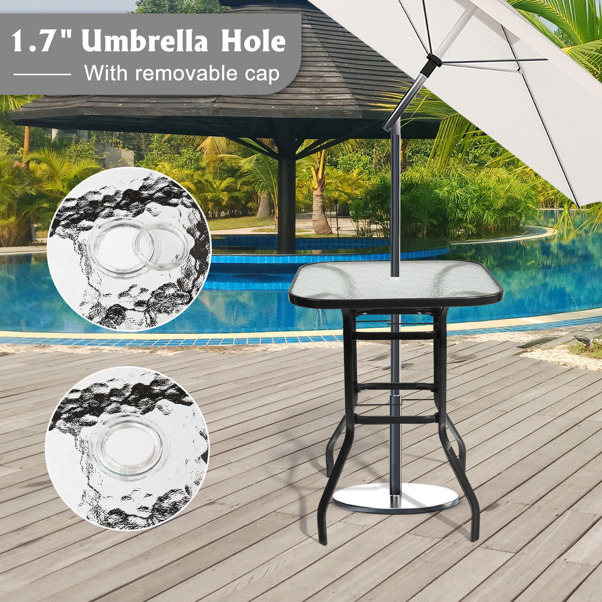 IVV Outdoor Patio Bar Height Bistro Table w/ Tempered Glass Top & 1.8" Umbrella Hole & Metal Frame, 31.5"L x 31.5"W x 39.8"H,