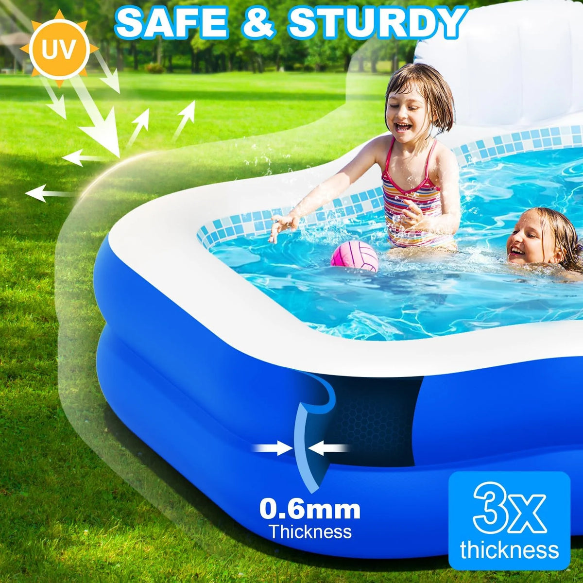 Large Inflatable Swimming Pool for Kids Adults, 121" X 90" X 22" Oversized Thickened Kiddie Pools Family Blow-Up Pool with Pu