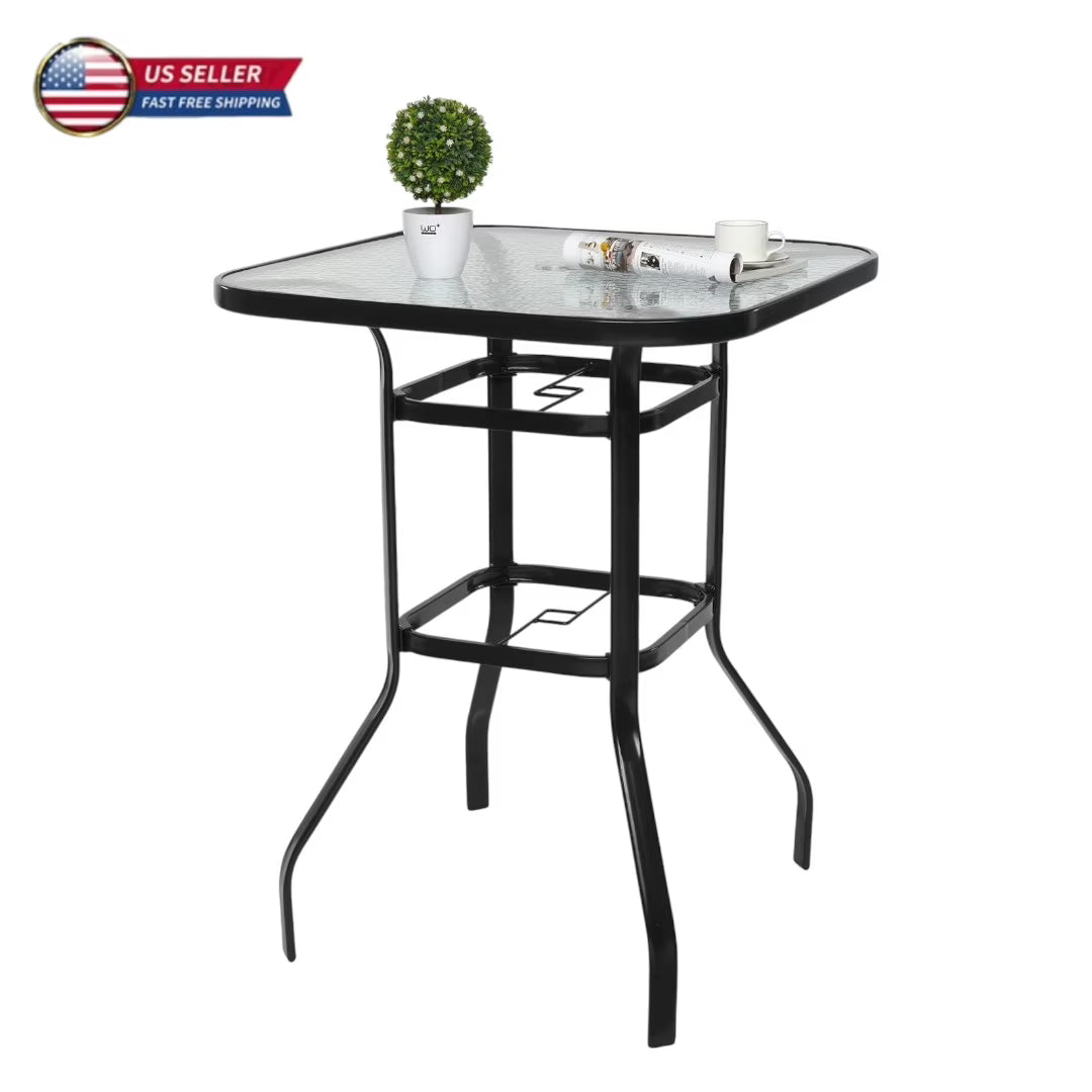 IVV Outdoor Patio Bar Height Bistro Table w/ Tempered Glass Top & 1.8" Umbrella Hole & Metal Frame, 31.5"L x 31.5"W x 39.8"H,