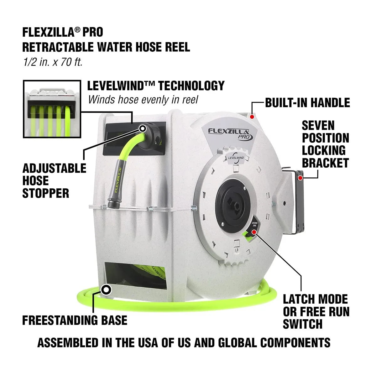 Flexzilla Pro Retractable Water Hose Reel, 1/2" x 70' - L8340FZ
